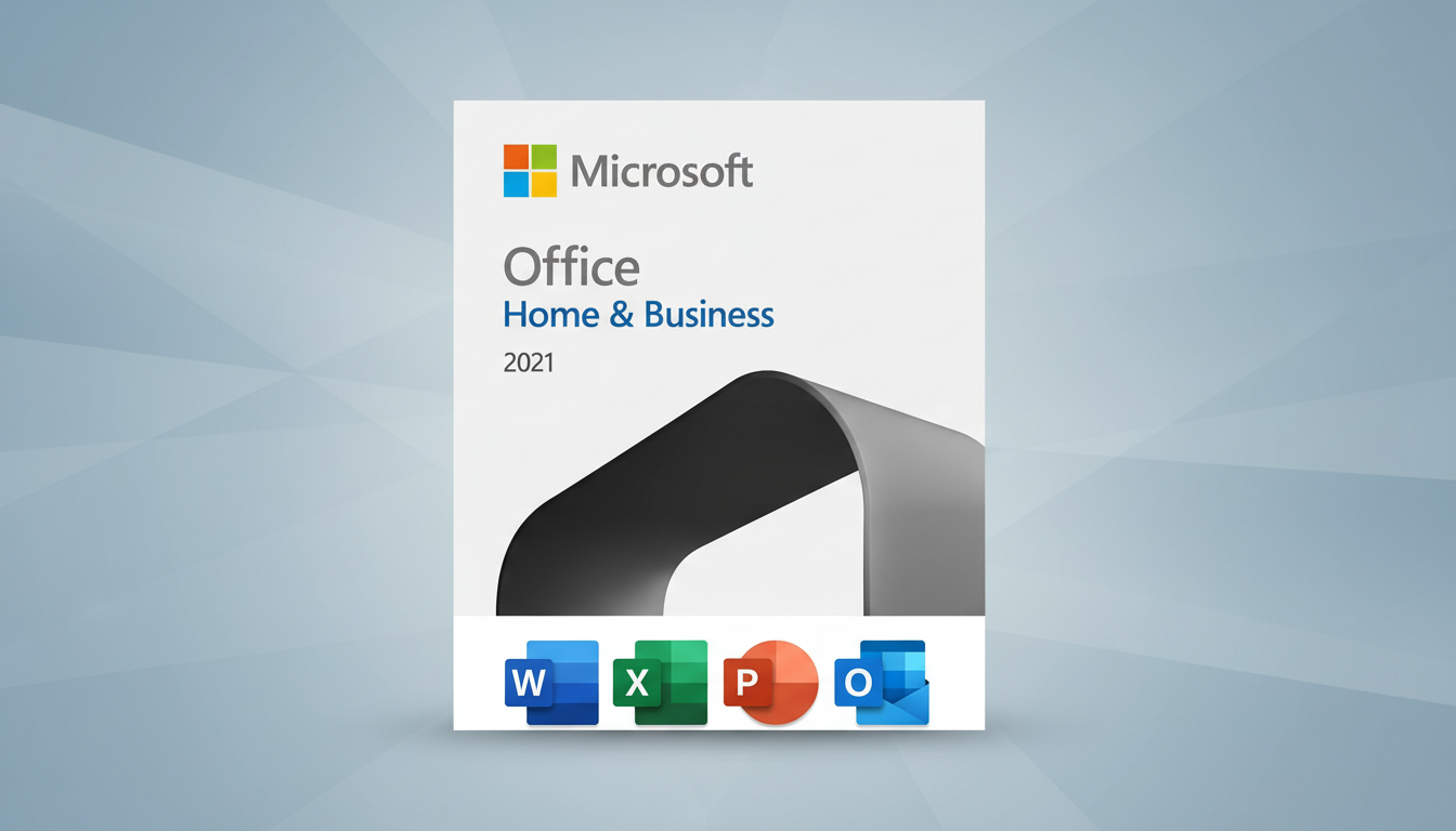 Microsoft Office Home & Business 2021 software box with Word, Excel, PowerPoint, and Outlook icons, presented on a professional flat design background with soft patterns.
