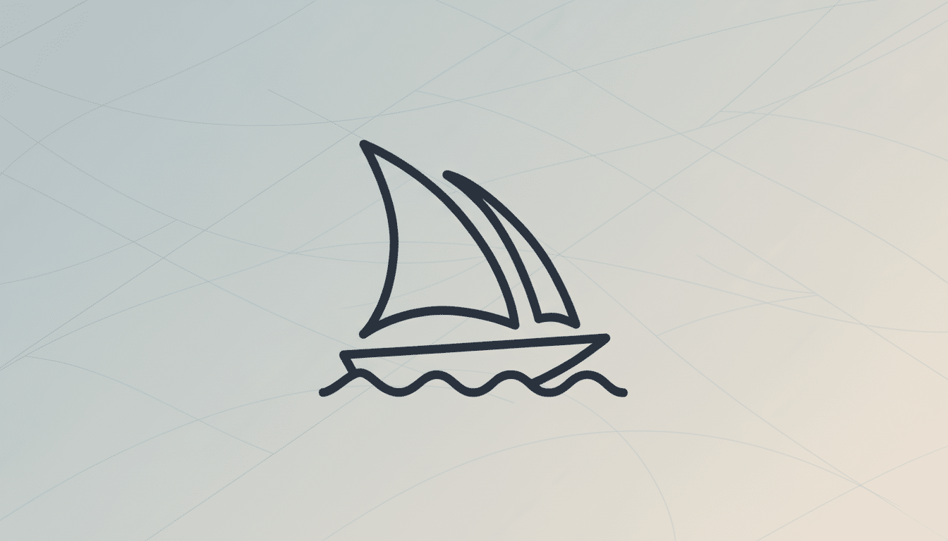 A professional 16:9 aspect ratio image featuring a simple, dark outline icon of a sailboat on gentle waves, set against a subtle gradient background with soft, abstract line patterns.