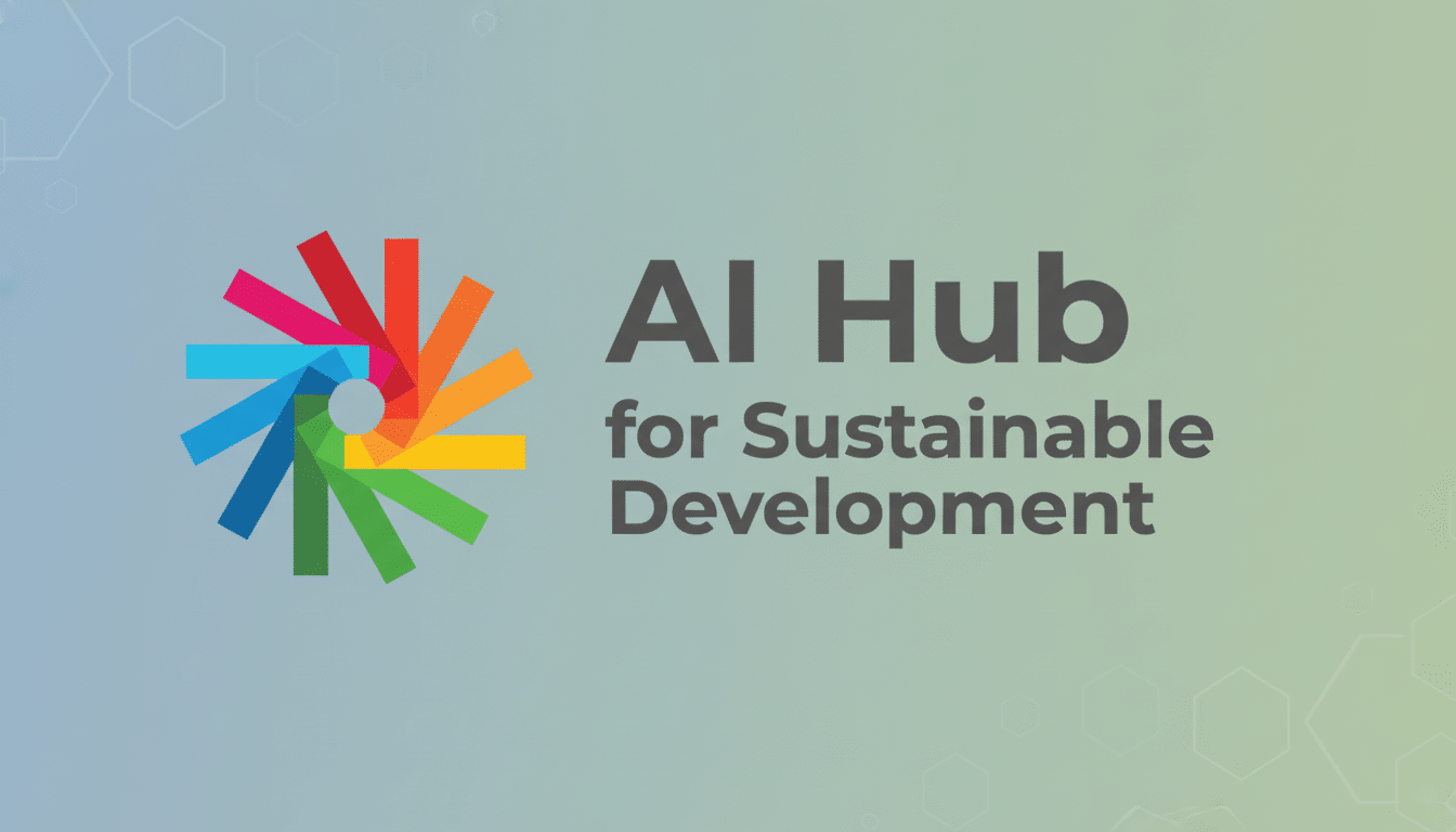 The AI Hub for Sustainable Development logo, featuring a colorful pinwheel design, presented on a professional flat background with soft gradients and subtle hexagonal patterns.