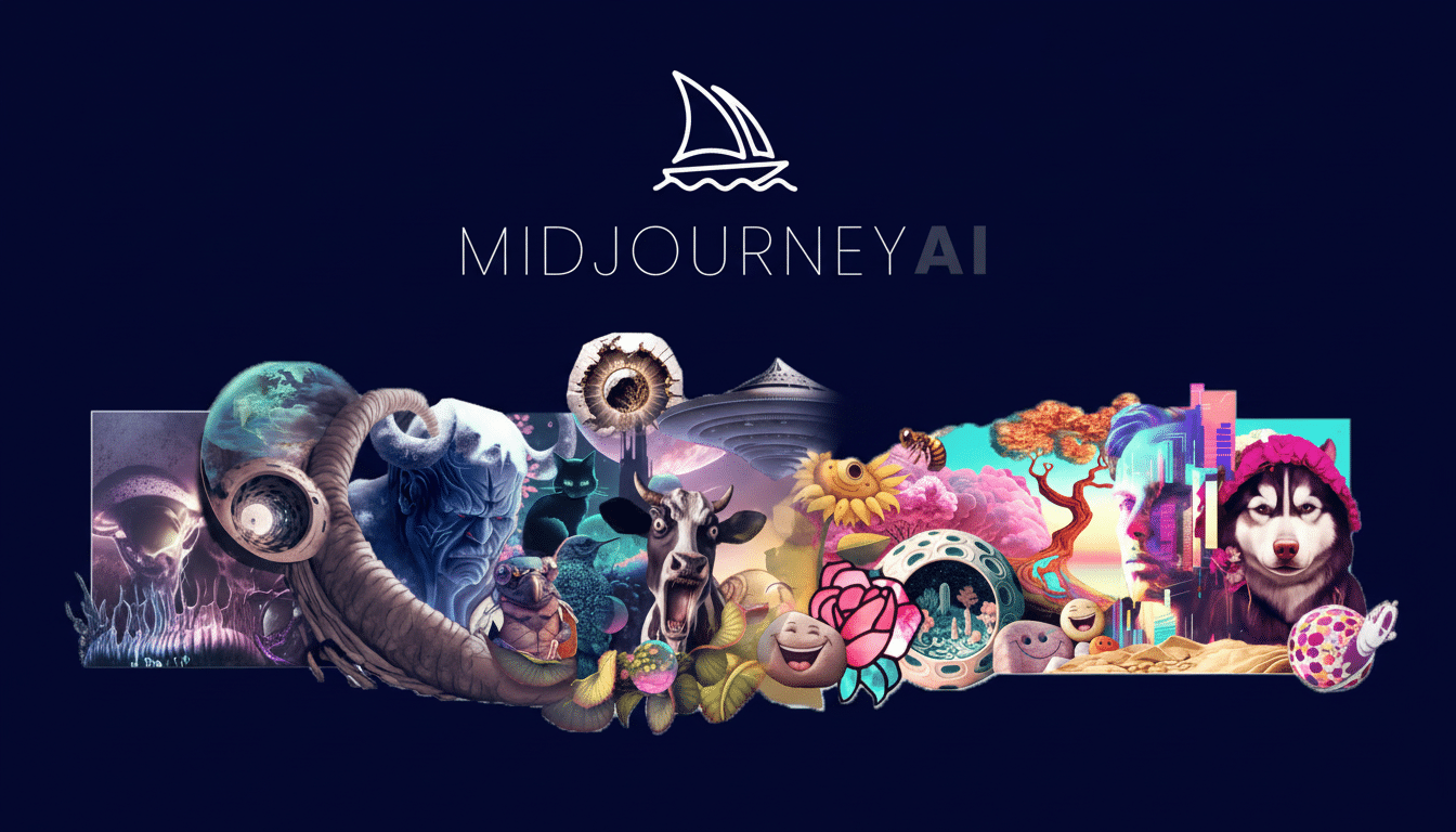 The Midjourney AI logo and text are centered above a horizontal collage of diverse, imaginative AI-generated images, including fantastical creatures, landscapes, and abstract designs, all set against a dark blue background.