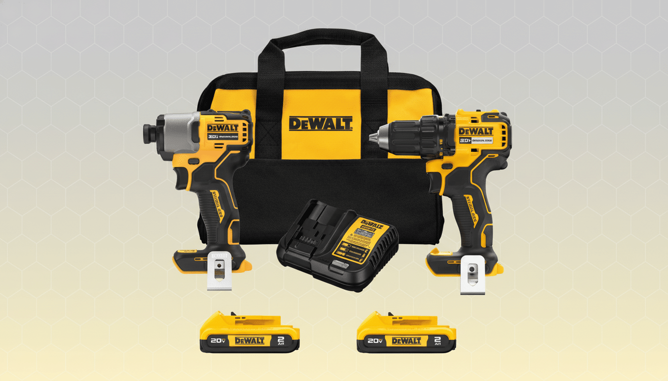 A DeWalt 20V MAX Brushless Cordless Impact Driver and Drill/Driver Combo Kit, including two tools, two batteries, a charger, and a carrying bag, presented on a professional flat design background with soft patterns and gradients.