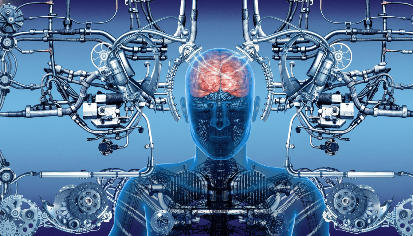 A detailed, professional image of a human-like figure with a visible brain, surrounded by intricate mechanical components and tubing, set against a blue gradient background.