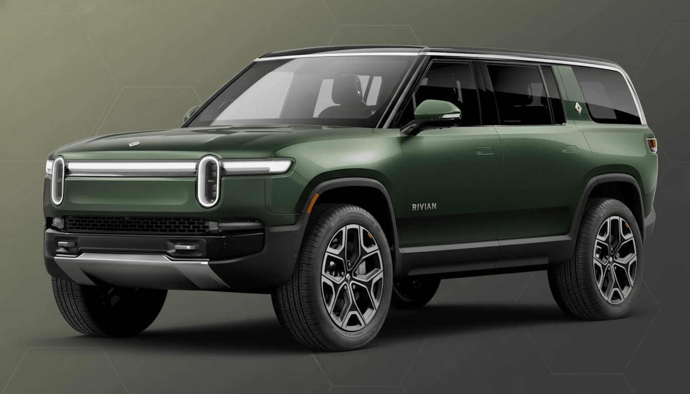 A dark green Rivian R1S electric SUV is parked on a professional flat design background with soft patterns and gradients.