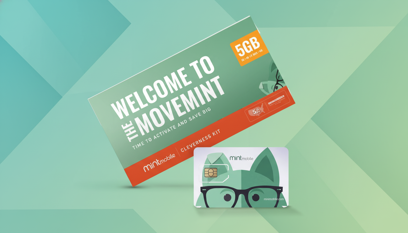 A Mint Mobile Cleverness Kit welcome card and a Mint Mobile SIM card, both featuring the brands fox mascot, presented on a professional gradient background.
