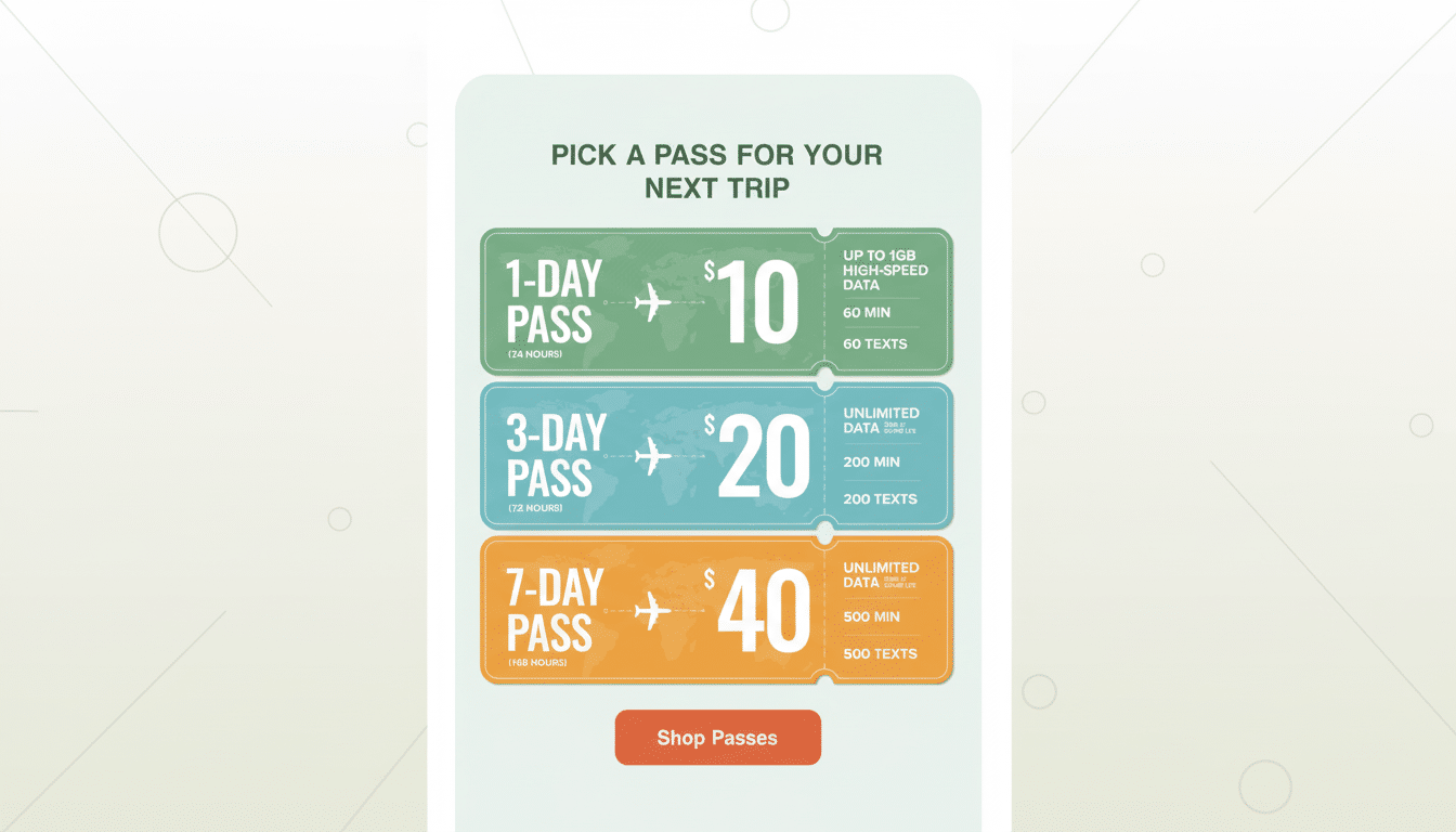 An image displaying three travel passes: a 1-day pass for , a 3-day pass for , and a 7-day pass for , each with varying data, talk, and text allowances.