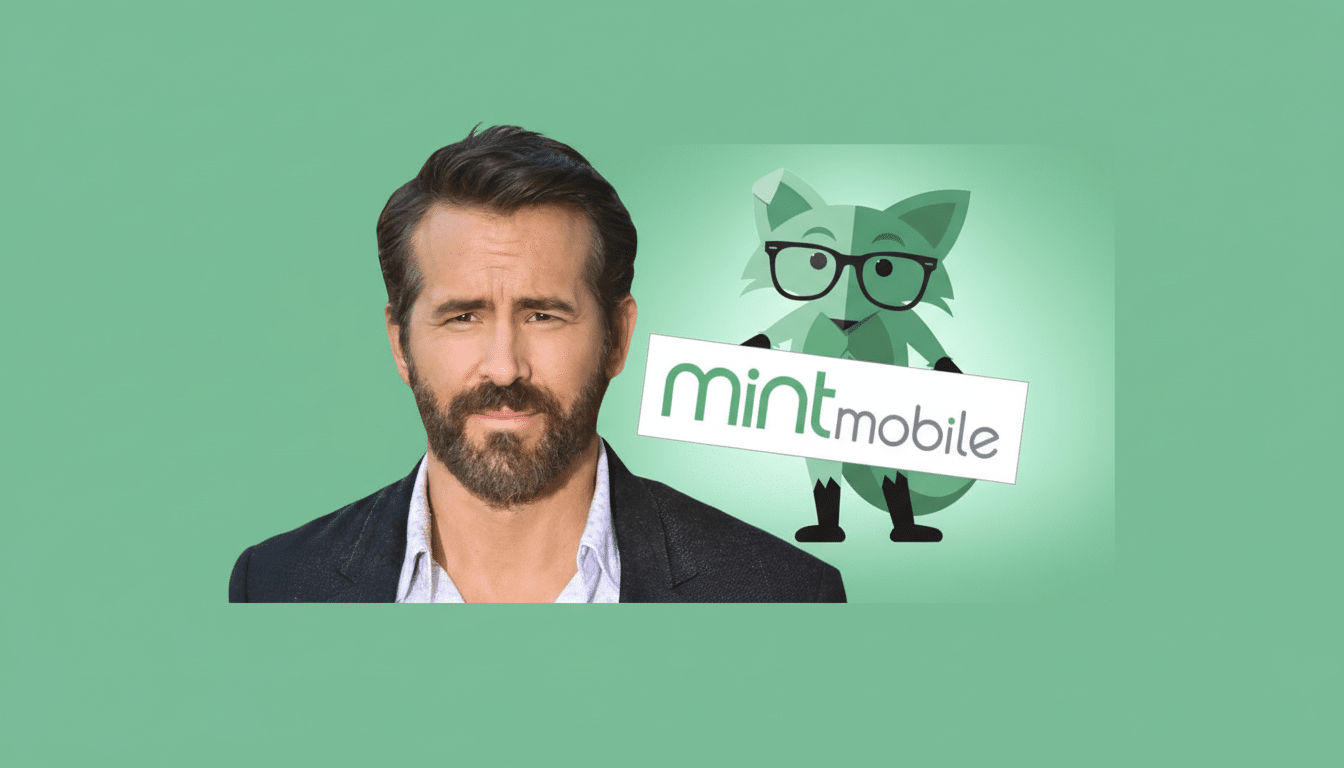 Ryan Reynolds with a beard and a Mint Mobile fox mascot holding a sign with the Mint Mobile logo, all on a green background.
