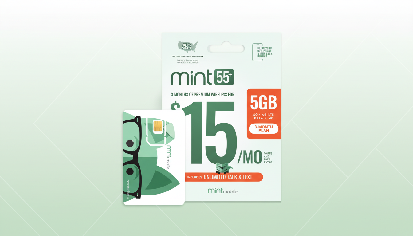 A Mint Mobile 55+ plan package and a SIM card, both featuring the Mint Mobile logo and branding, presented on a professional flat design background with soft green and white gradients.