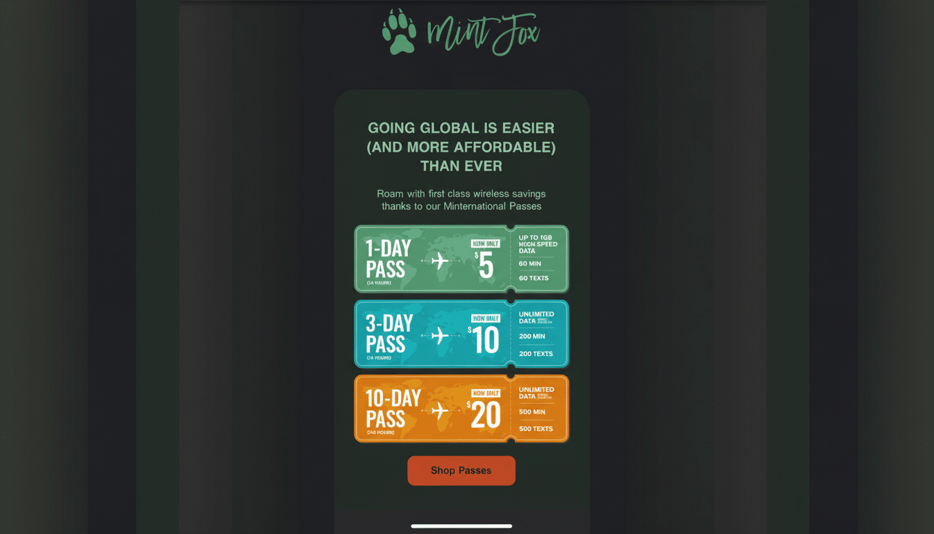 A Mint Fox advertisement for international roaming passes, featuring three options: a 1-day pass for , a 3-day pass for , and a 10-day pass for . Each pass offers varying amounts of high-speed data, talk minutes, and texts. The background is a dark, professional flat design.