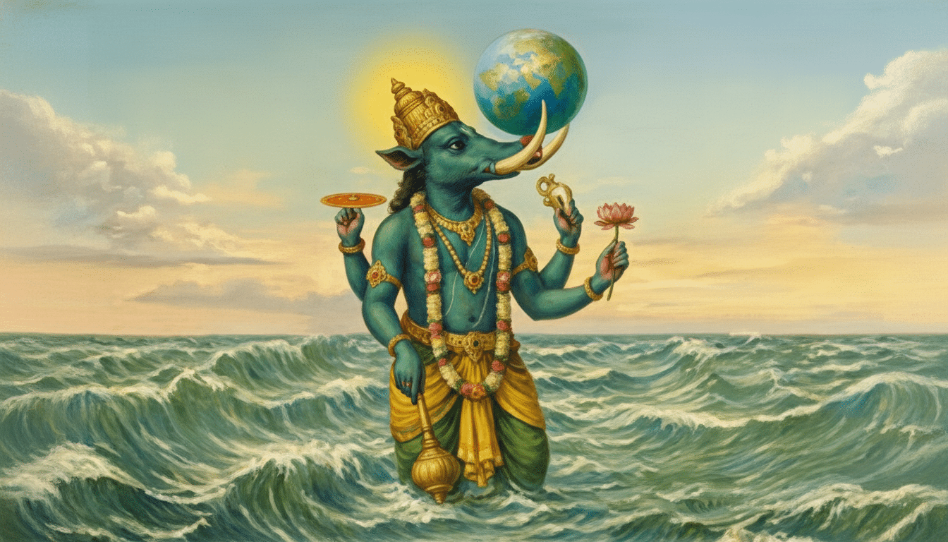 A painting of Varaha, the boar avatar of Vishnu, standing in the ocean with the Earth balanced on his tusk.