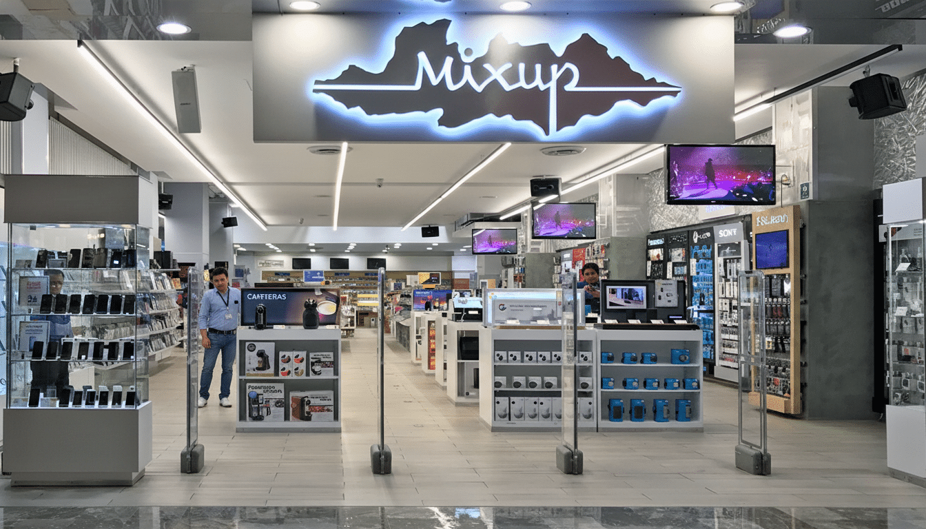 A wide shot of the interior of a Mixup electronics store, featuring display shelves filled with products, several digital screens, and two male employees.