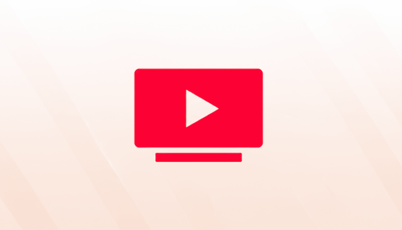 A red television icon with a white play button in the center, set against a professional flat design background with soft, light red and white gradients and subtle diagonal patterns.