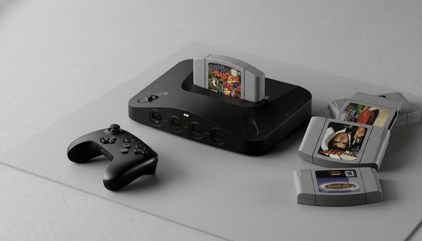 A black Nintendo 64 console with a game cartridge inserted, a black controller, and several other game cartridges scattered nearby, all on a light gray surface with a subtle geometric pattern.