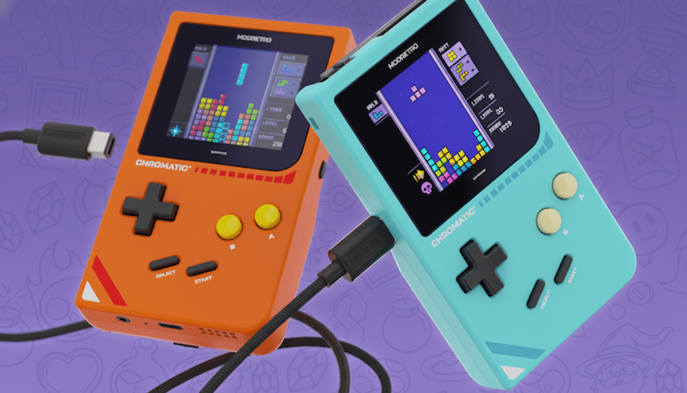 Two handheld gaming devices, one orange and one teal, playing Tetris, with a purple background.