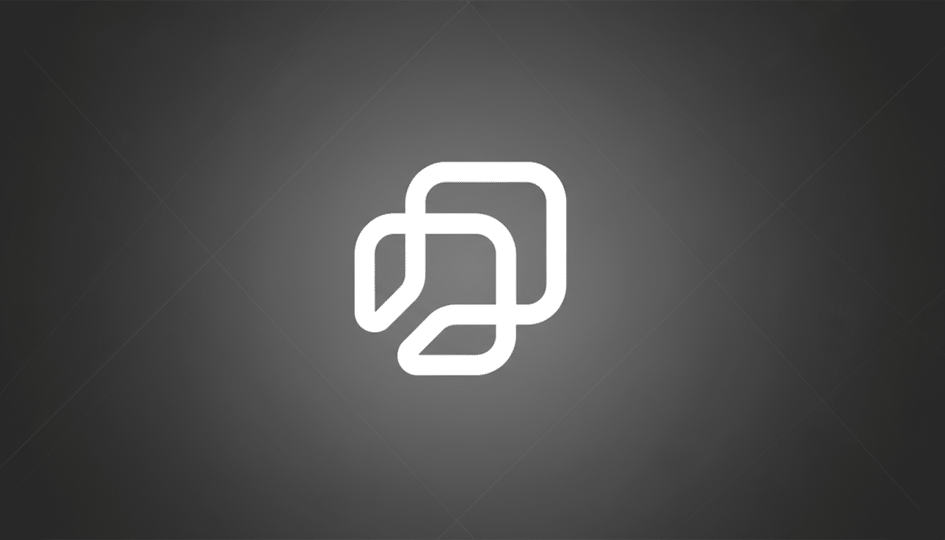 A white abstract logo with rounded, interconnected shapes on a dark gray background with a subtle geometric pattern.