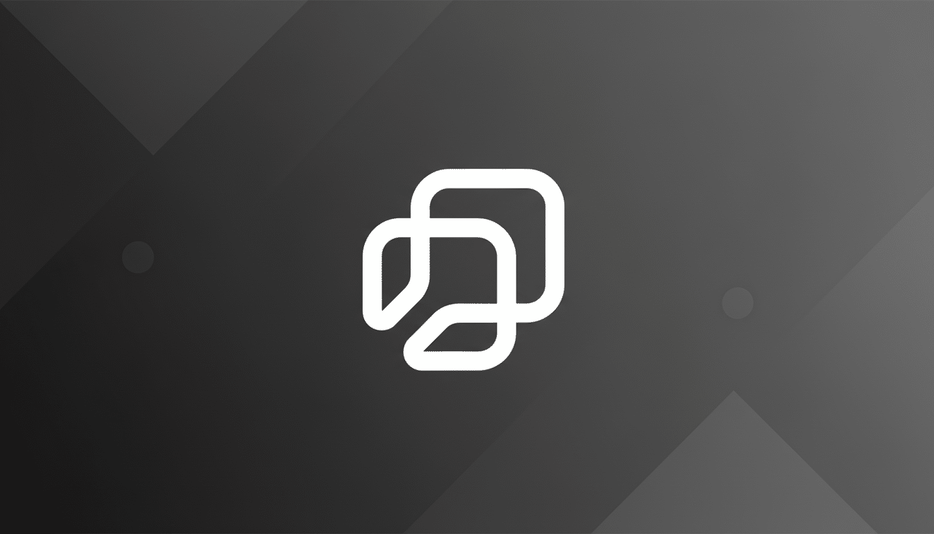 A white abstract logo with rounded, interconnected shapes on a professional dark gray background with subtle geometric patterns and gradients.