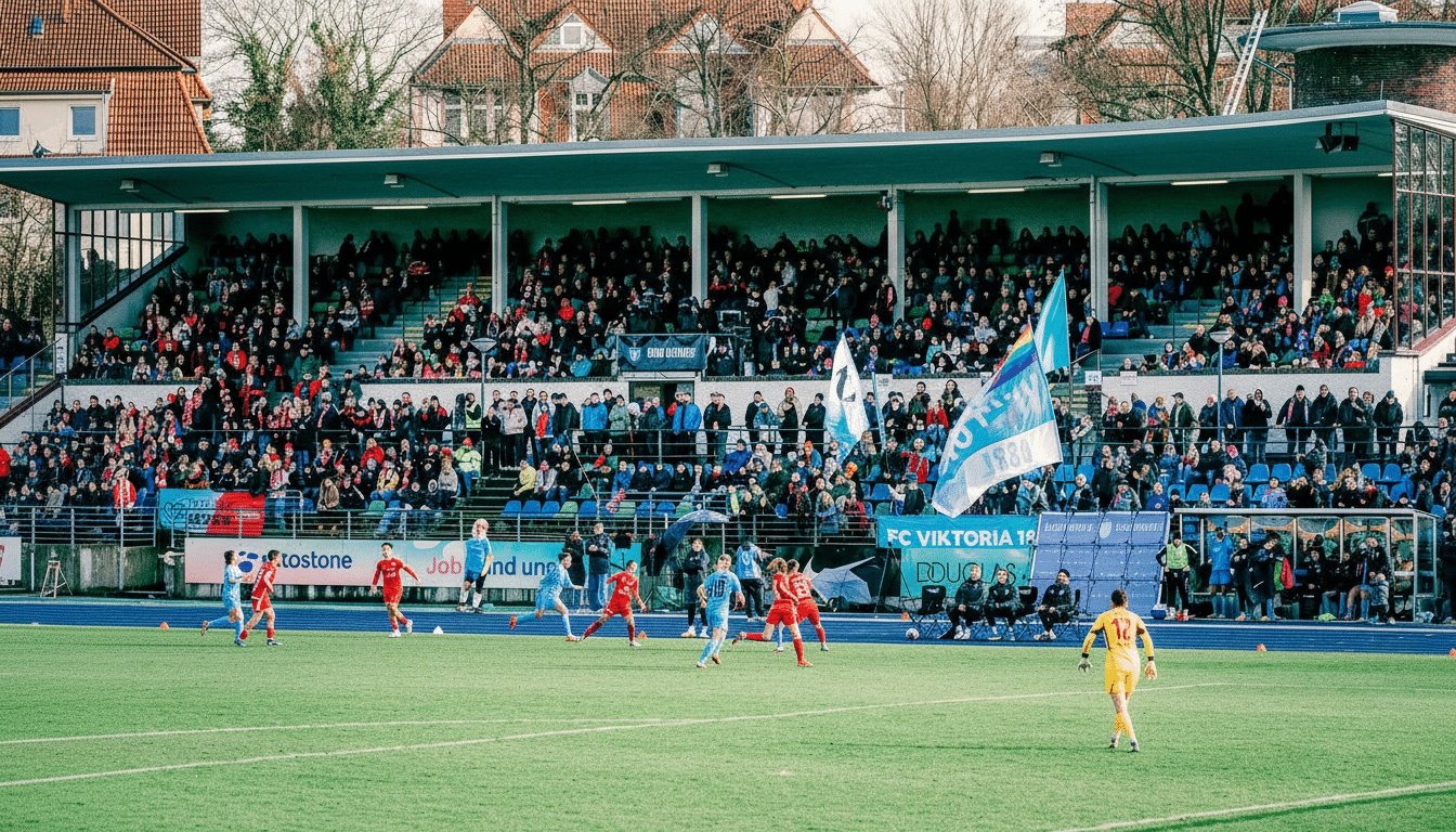 A wide shot of a soccer match in progress, with players on the field and a large crowd in the stands.