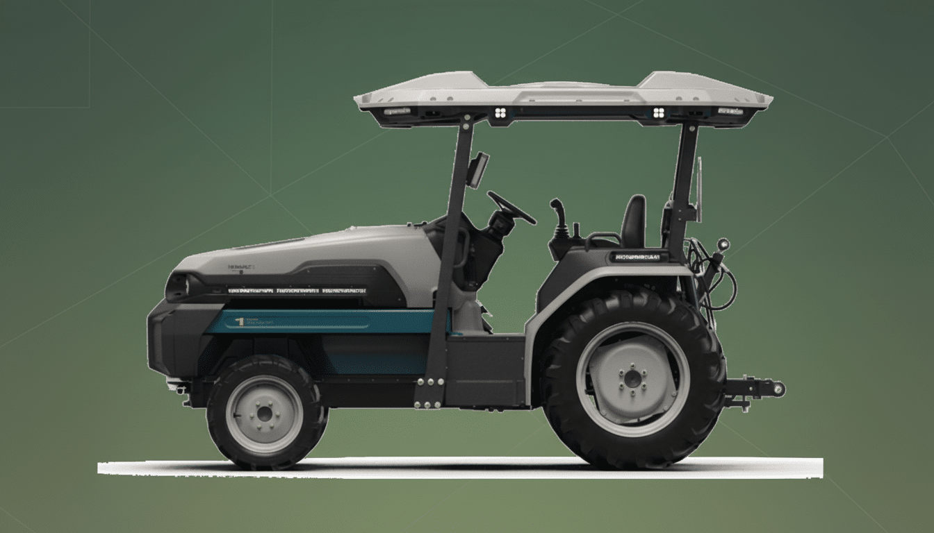 A gray and teal compact tractor with a light gray canopy, presented in a 16:9 aspect ratio with a professional flat design background featuring soft patterns and gradients.