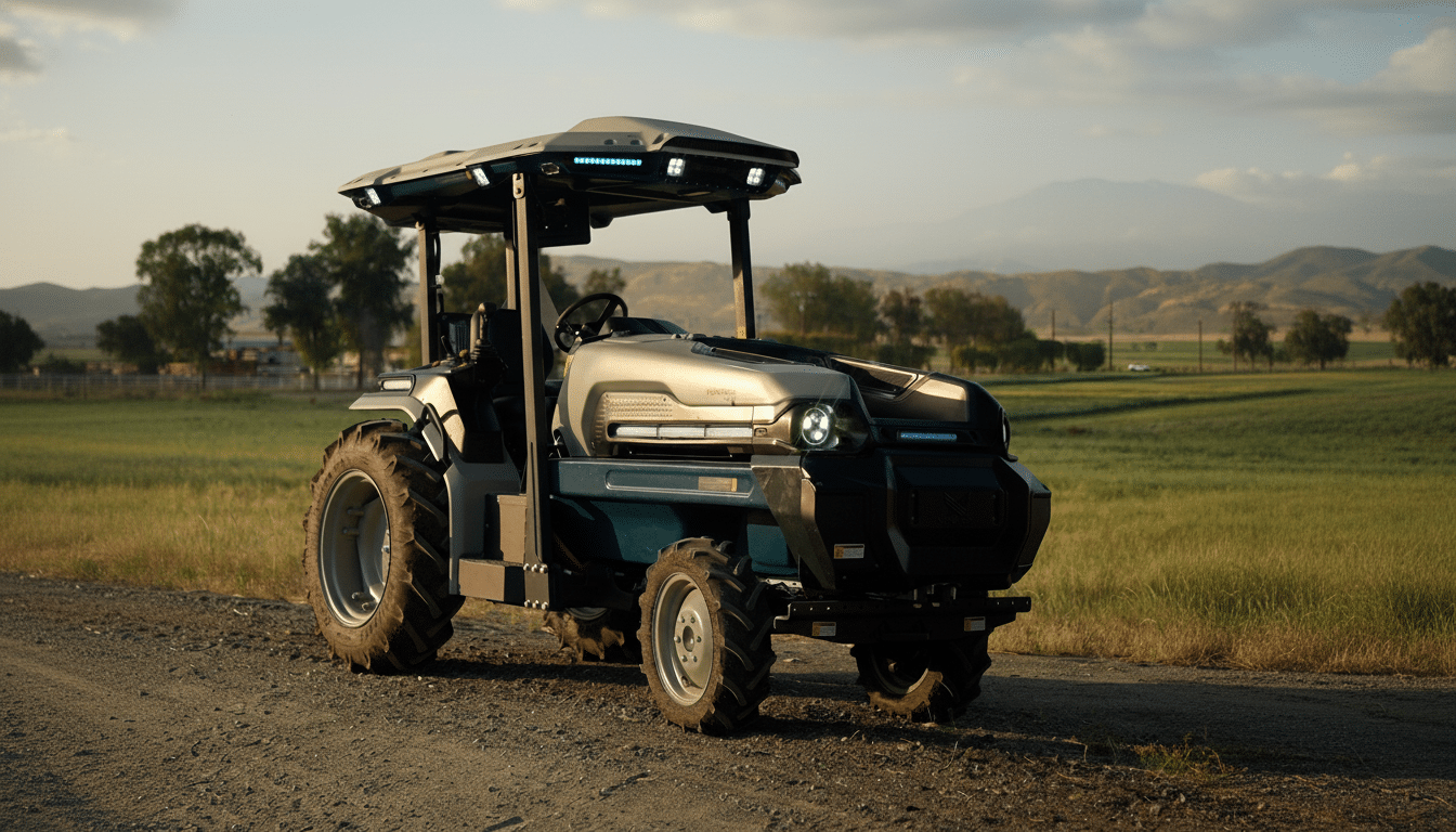 A modern, sleek tractor with a grey and teal body, large rugged tires, and bright LED lights, parked on a dirt road with green fields and mountains in the background under a clear sky.