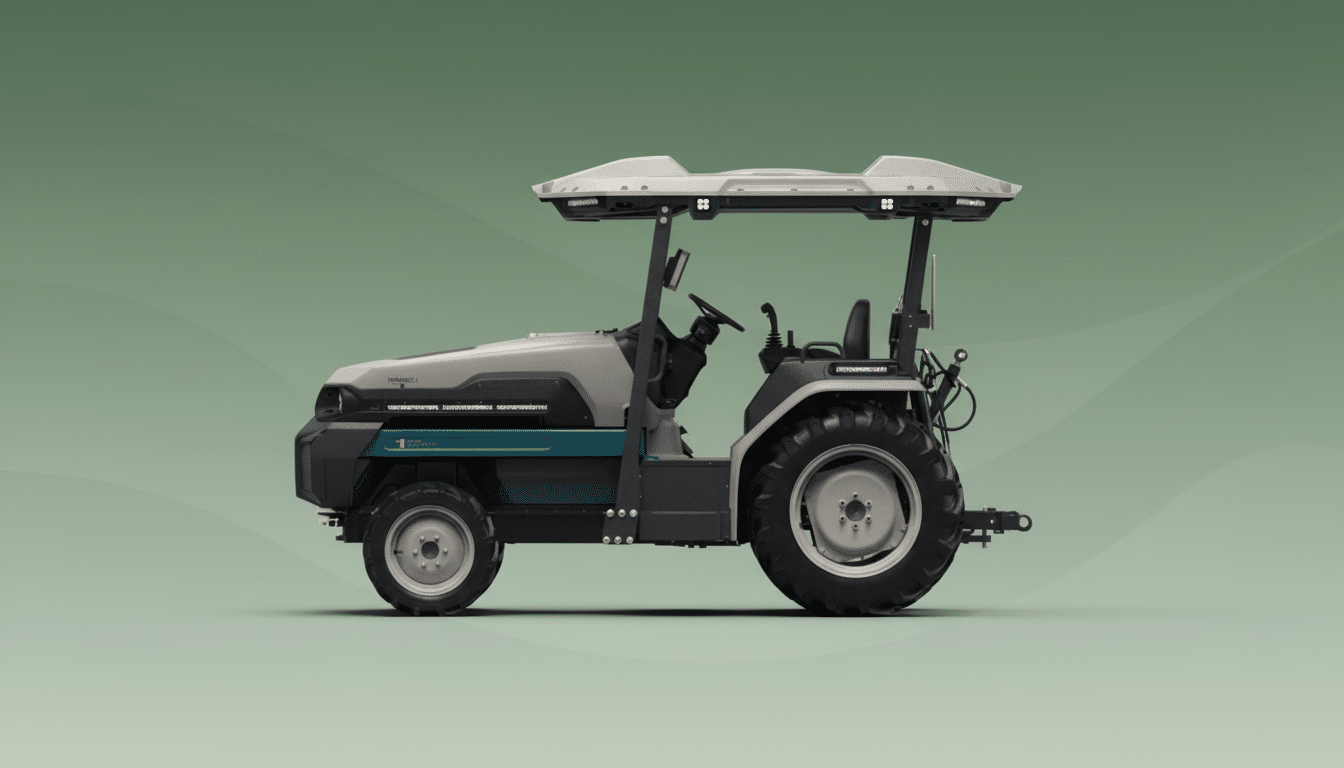 A professional, enhanced image of a gray and teal compact tractor with a white canopy, presented on a soft green gradient background.
