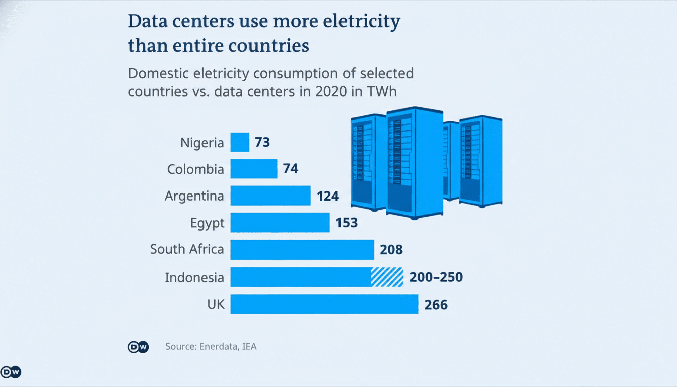 A bar chart titled Data centers use more electricity than entire countries showing domestic electricity consumption of selected countries vs. data centers in 2020 in TWh. The countries listed are Nigeria (73 TWh), Colombia (74 TWh), Argentina (124 TWh), Egypt (153 TWh), South Africa (208 TWh), Indonesia (200-250 TWh for data centers), and UK (266 TWh). The data center consumption is represented by a striped bar.