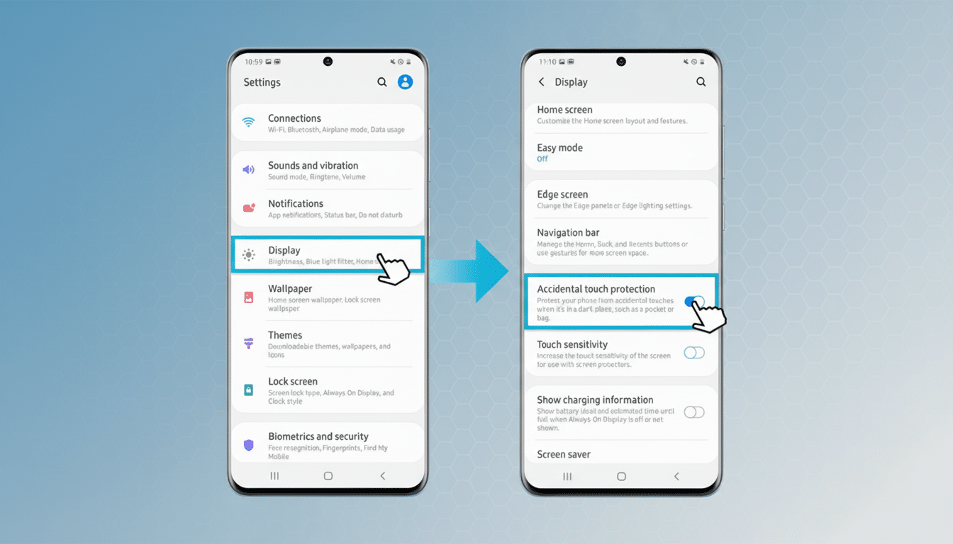 A 16:9 aspect ratio image showing two smartphone screens side-by-side. The left screen shows the Settings menu with Display highlighted. The right screen shows the Display menu with Accidental touch protection highlighted and its toggle switch turned on. A blue arrow points from the left screen to the right.