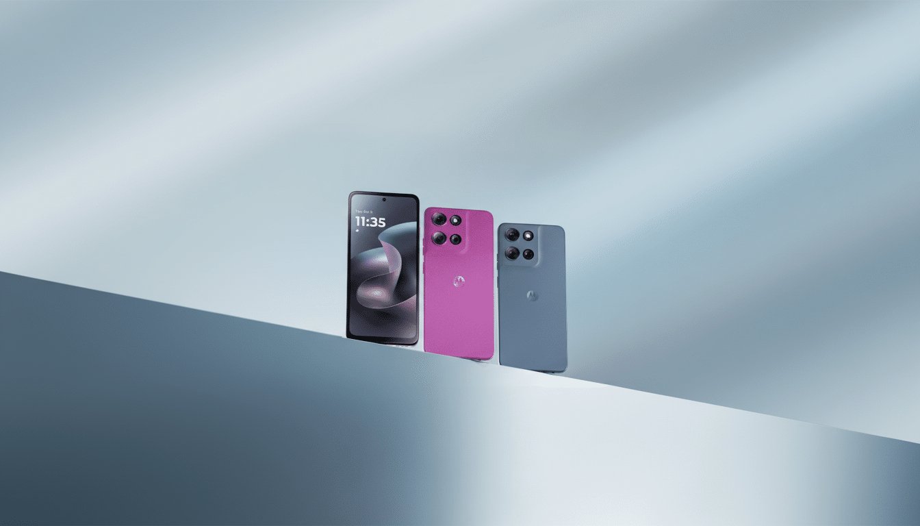 Three Motorola smartphones, one black with the screen on, one pink, and one blue, are displayed on a light blue and white gradient background.