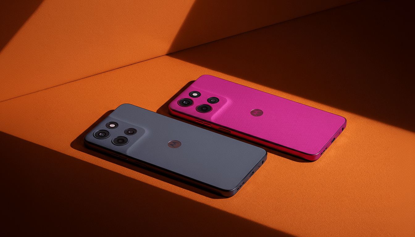 Two Motorola smartphones, one dark grey and one magenta, lying on an orange surface with shadows.