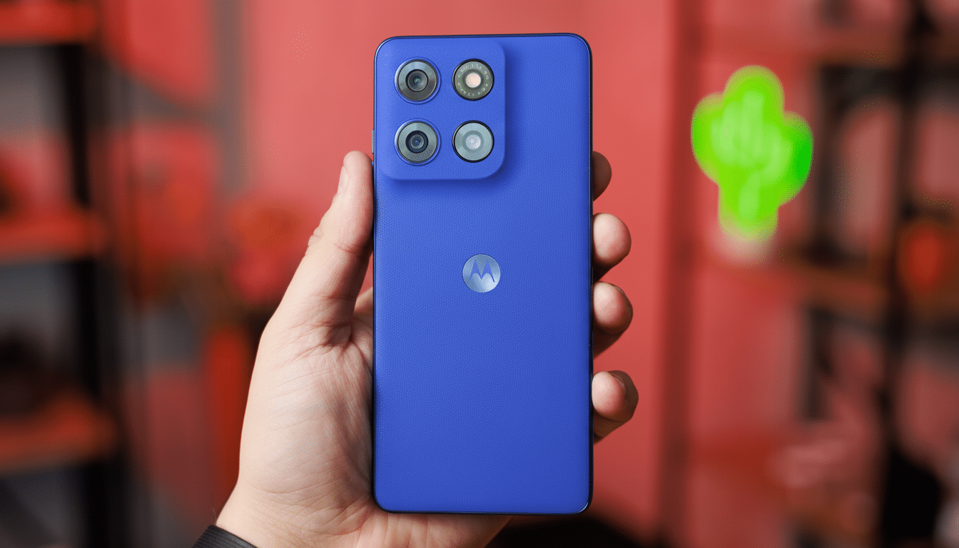 A hand holding a blue Motorola smartphone with a quad-camera setup on the back, resized to a 16:9 aspect ratio.