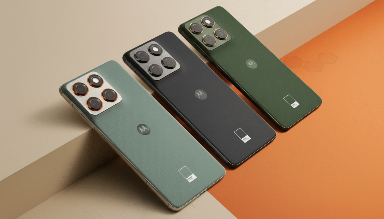 Three Motorola smartphones in different shades of green and black, arranged diagonally on a professional orange background with subtle hexagonal patterns.