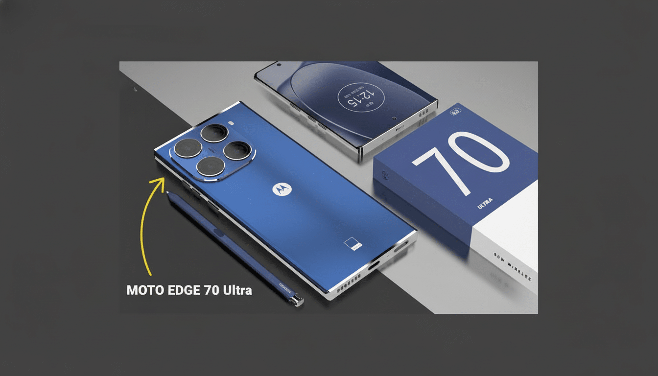 A blue Moto Edge 70 Ultra smartphone, a stylus, and its packaging are displayed on a dark and light gray background.