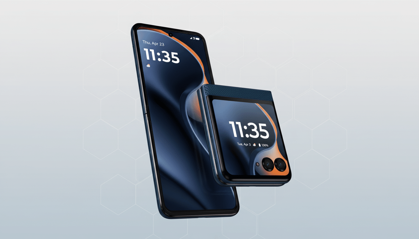A smartphone and a foldable phone are displayed against a light gray background with a subtle hexagonal pattern. The smartphone is upright, and the foldable phone is positioned in front of it, slightly angled and open. Both screens show the time 11:35.