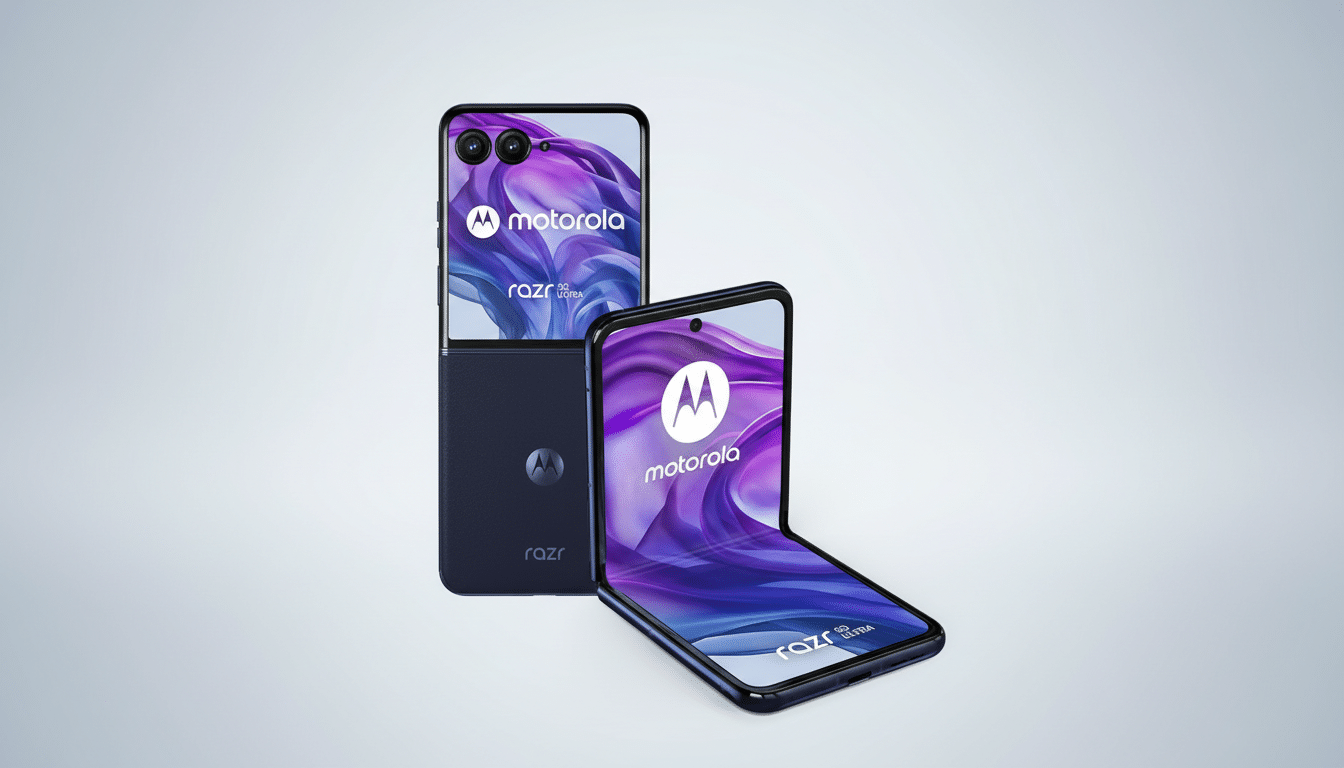 Two Motorola Razr 50 Ultra phones, one standing upright and the other folded open, presented on a clean, professional light gray background with a subtle gradient.