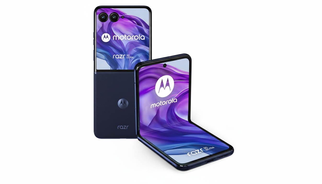 Two Motorola Razr 50 Ultra phones, one fully open and one partially folded, displayed on a white background.