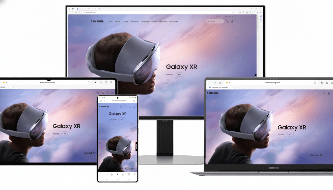 A collection of Samsung devices, including a monitor, tablet, smartphone, and laptop, all displaying the Samsung website with a Galaxy XR advertisement featuring a person wearing a VR headset.