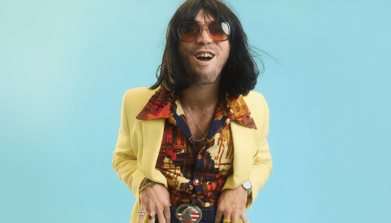 A man with long dark hair, sunglasses, a yellow blazer, and a patterned shirt smiles at the camera against a light blue background.