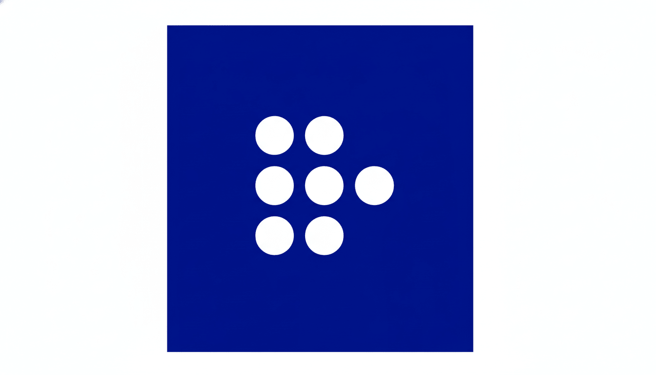 A blue square with seven white circles arranged in a pattern resembling a play button, set against a white background.