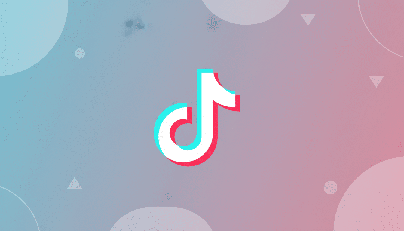 The TikTok logo, a white musical note with cyan and red shadows, centered on a professional 16:9 aspect ratio background with a soft blue-to-pink gradient and subtle geometric patterns.