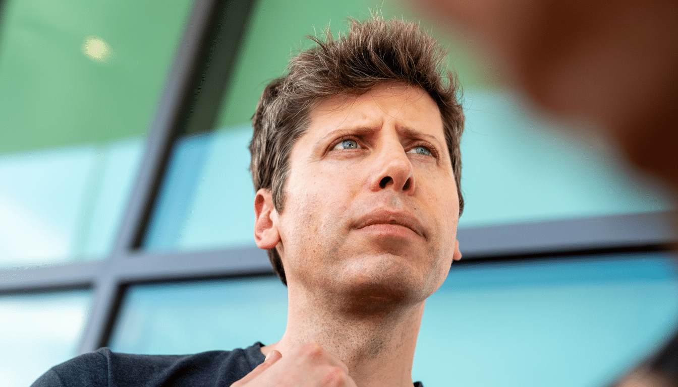A man with blue eyes and brown hair looks up and to the right, with a blurred background of a building with green and blue windows.