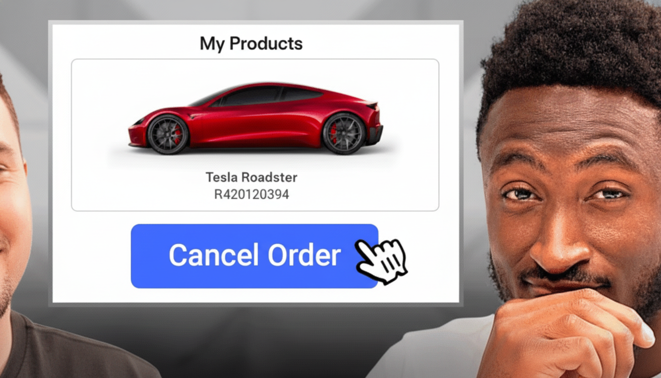A man looking at a screen displaying a My Products interface with a red Tesla Roadster and a Cancel Order button.