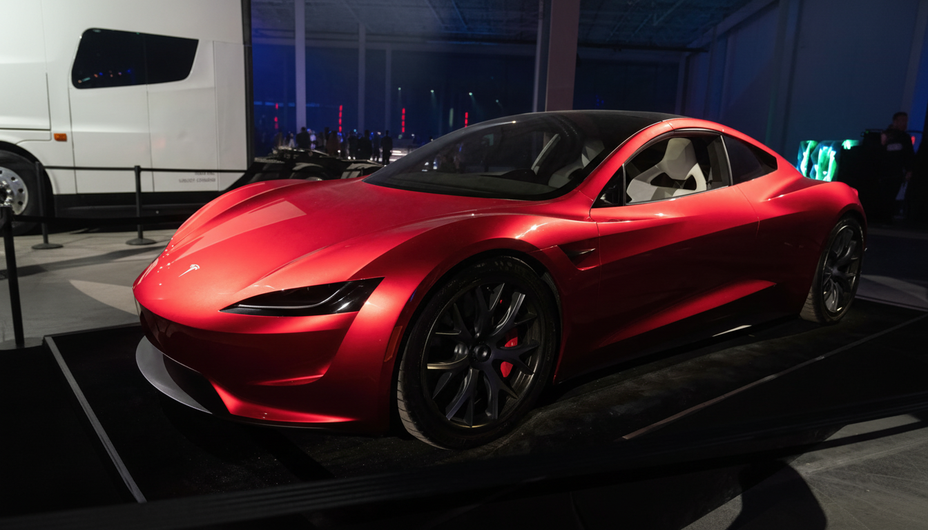 A sleek red Tesla Roadster is displayed in a dimly lit showroom, with a white Tesla Semi truck partially visible in the background.
