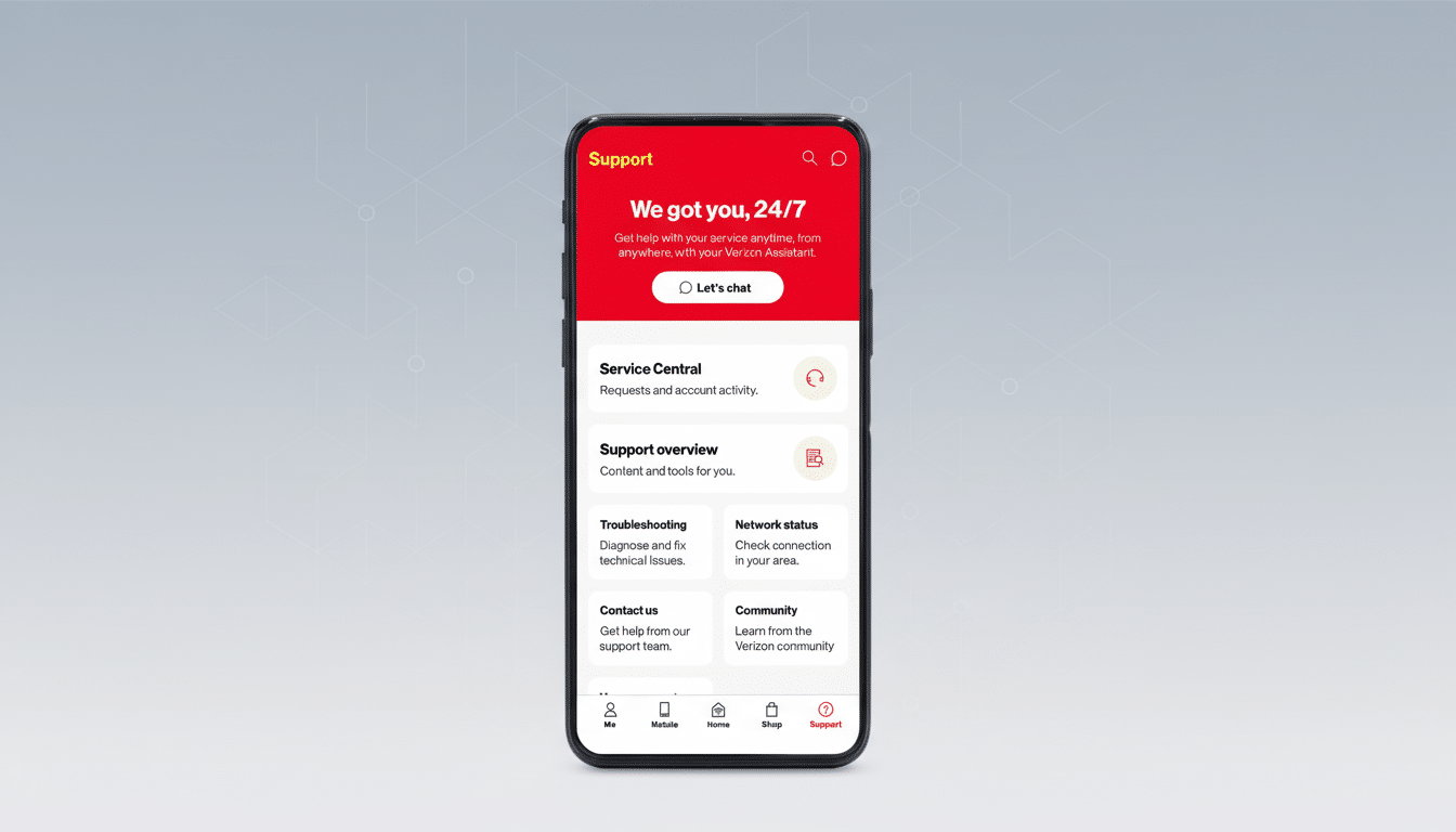 A smartphone displaying the Verizon Support app interface, set against a professional flat design background with soft patterns.