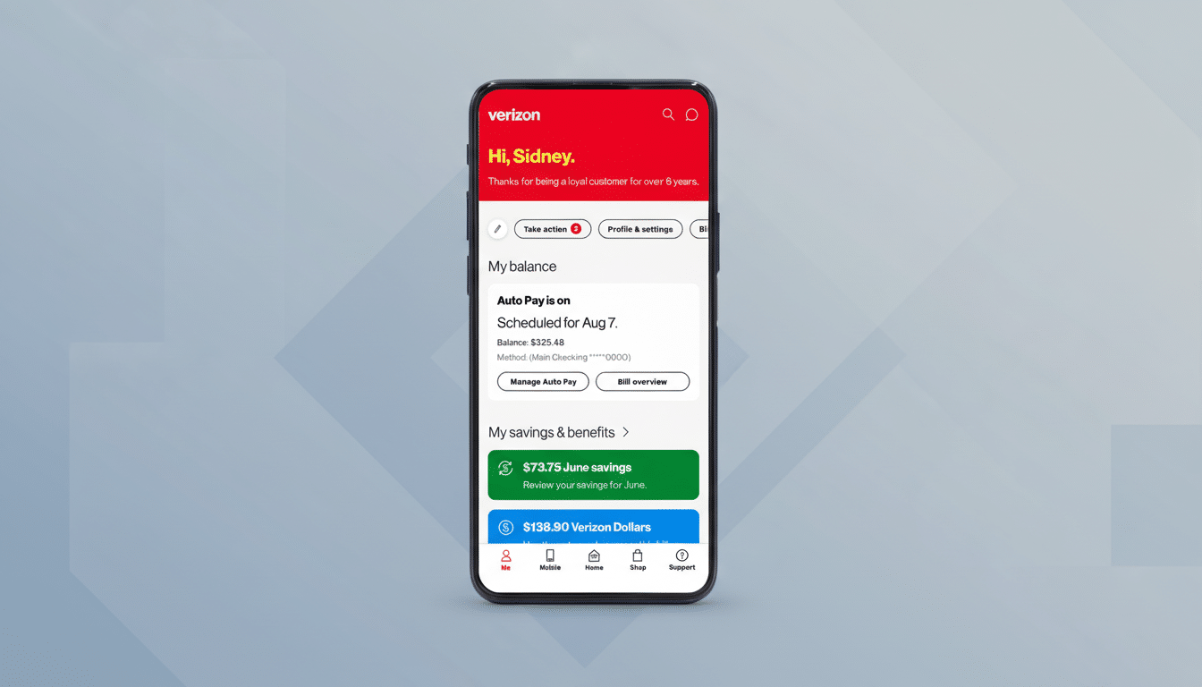 A smartphone displaying the Verizon app interface, showing account balance and savings information, set against a professional flat design background with soft blue and white gradients.