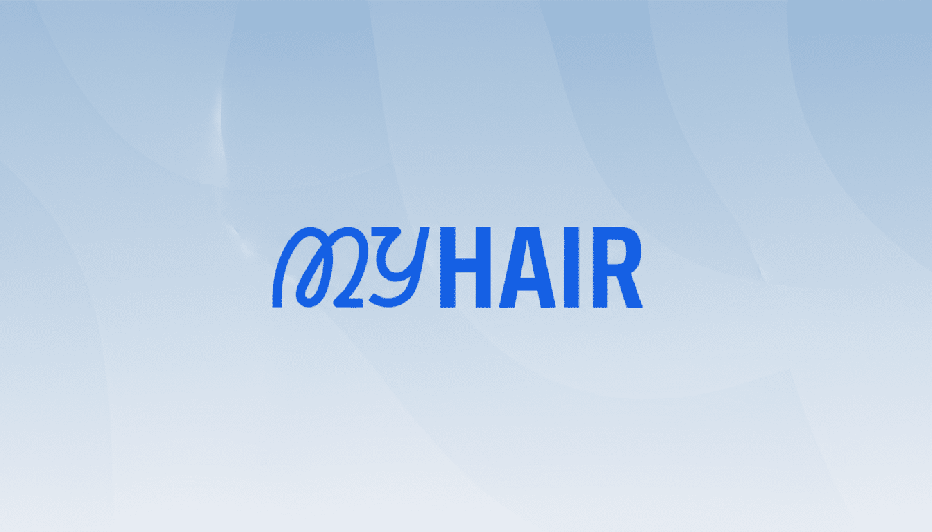 The myHAIR logo in blue text on a light blue background with subtle, wavy patterns.