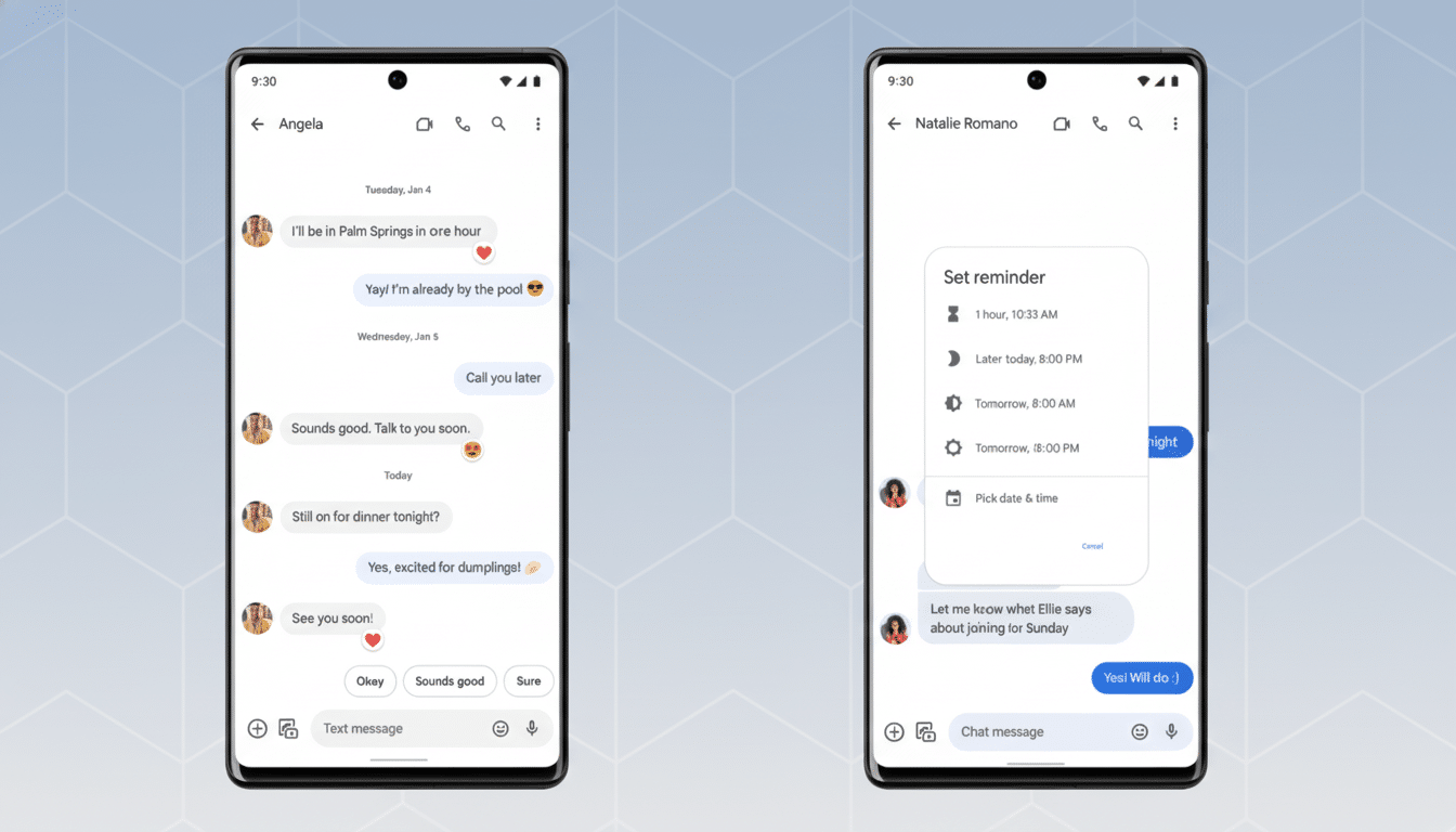 Two smartphone screens displaying messaging app interfaces. The left screen shows a conversation with Angela including messages about being in Palm Springs and plans for dumplings. The right screen shows a conversation with Natalie Romano and a Set reminder pop-up menu with options for different times and dates.
