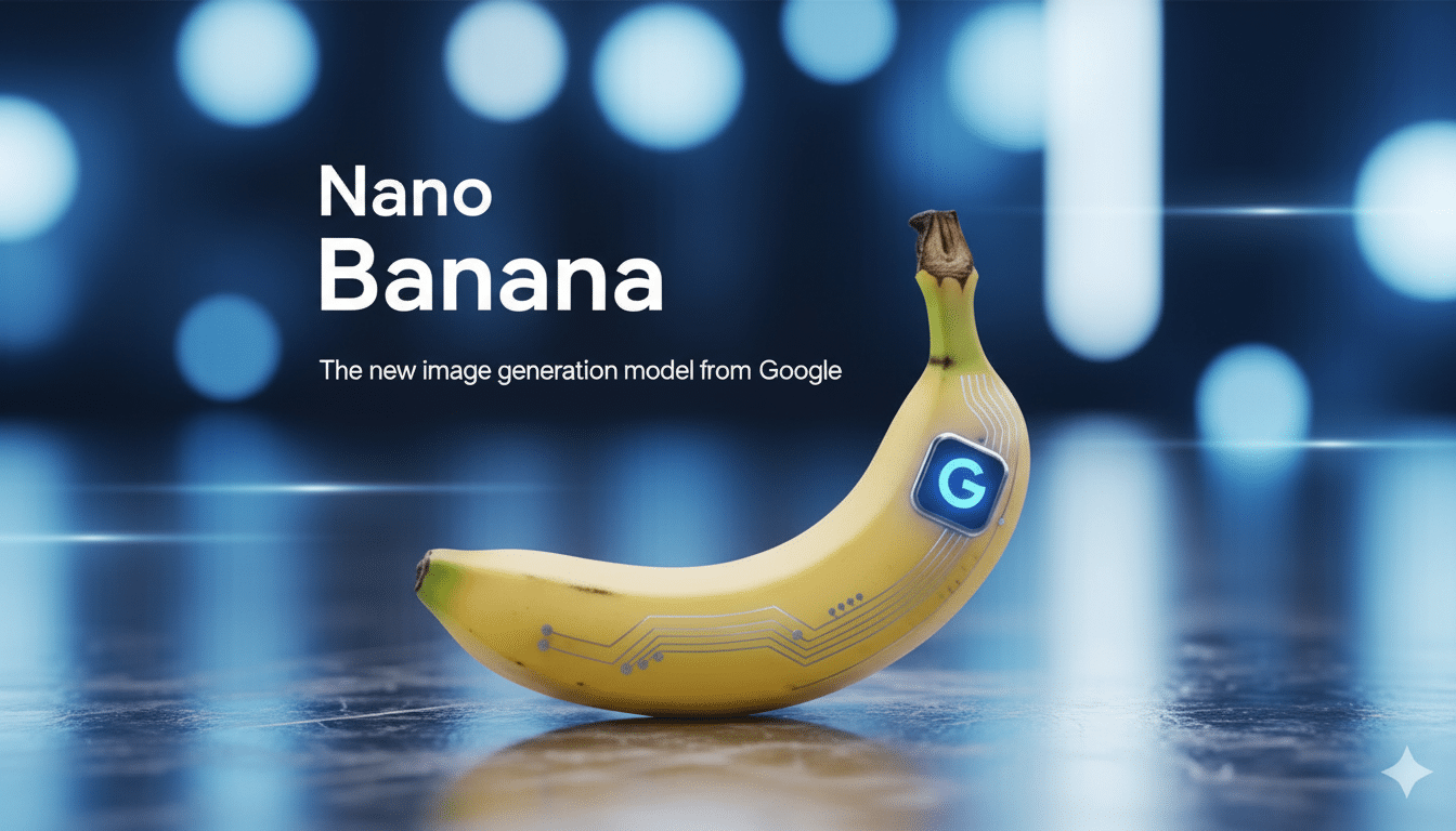 A banana with circuit board patterns and a glowing G logo, set against a blurred blue background with bokeh lights. The text Nano Banana and The new image generation model from Google are displayed above the banana.
