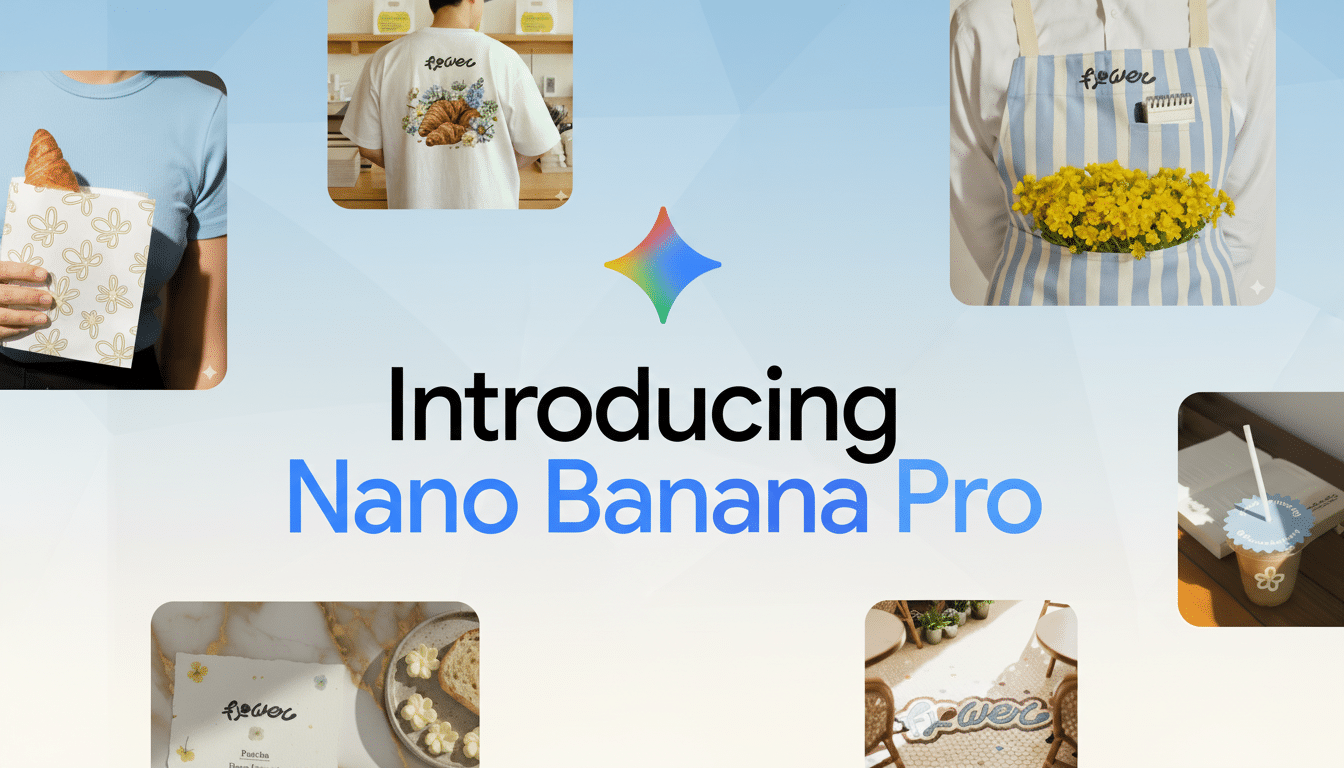 A 16:9 aspect ratio image with a light blue gradient background, featuring the text Introducing Nano Banana Pro in the center. Around the text are several smaller images: a person holding a croissant in a patterned bag, a person wearing a white t-shirt with a croissant graphic, a person wearing a striped apron holding yellow flowers, a drink with a patterned lid, and two images of pastries and a menu.