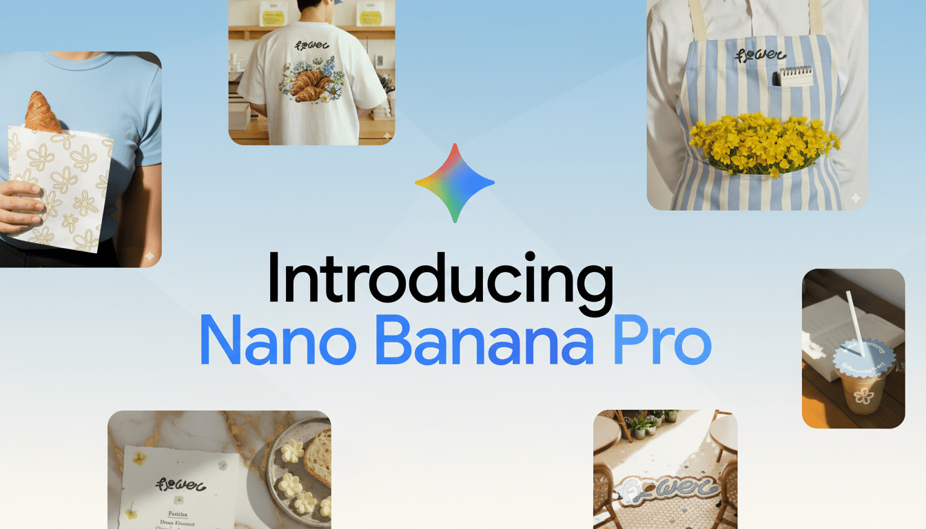 A 16:9 aspect ratio image featuring the text Introducing Nano Banana Pro at the center, surrounded by six smaller images. The background is a professional flat design with a soft blue gradient.