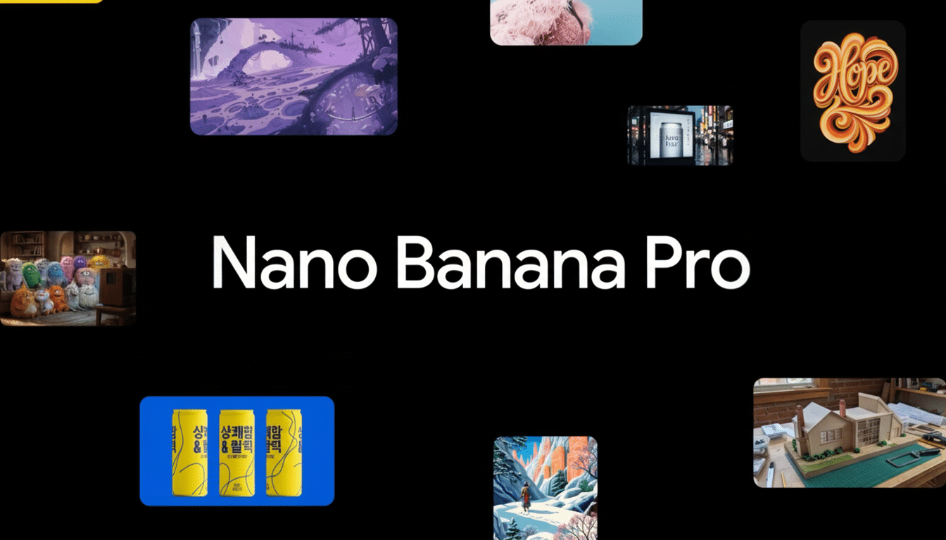 A black background with the text Nano Banana Pro in white in the center, surrounded by various small, framed images.