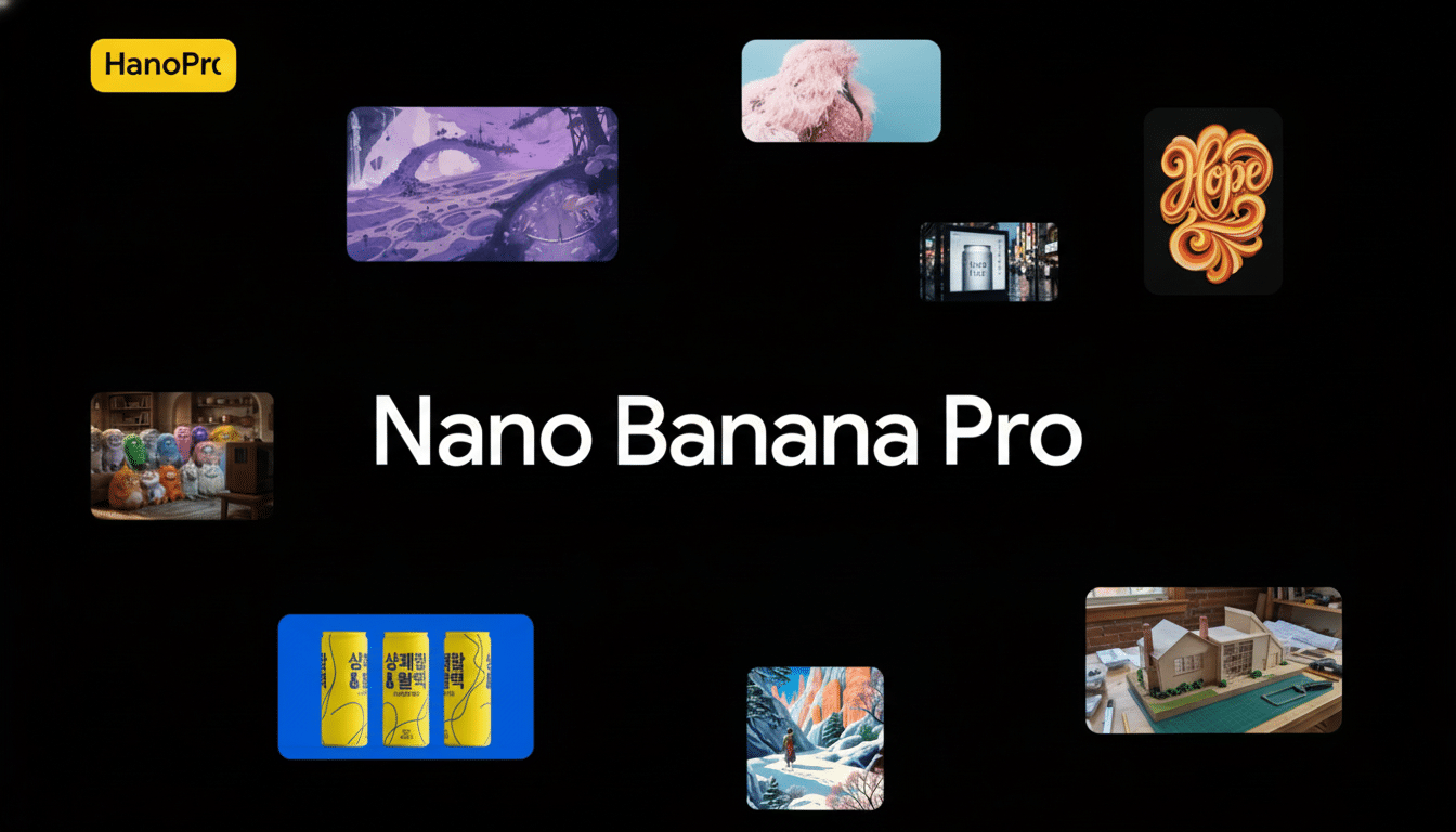 A black background with Nano Banana Pro in white text at the center, surrounded by various small, framed images and a yellow HanoPro logo in the top left corner.