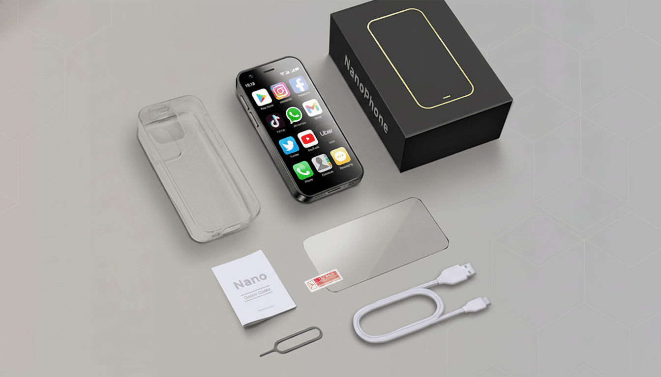 A Nanophone and its accessories, including a clear case, screen protector, quick guide, SIM ejector tool, and charging cable, are neatly arranged on a gray surface with subtle geometric patterns.